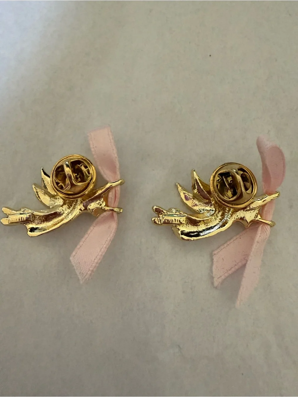 Gold Angel Hair Pin with Pink Ribbon Accent